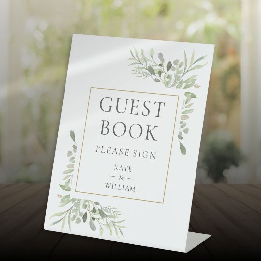 ウォーターカラー結婚グリーンリーズゲストブック 台座サイン