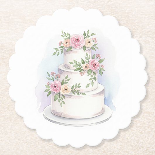 ウォーターカラー結婚ズケーキ紙コースター ペーパーコースター (正面)