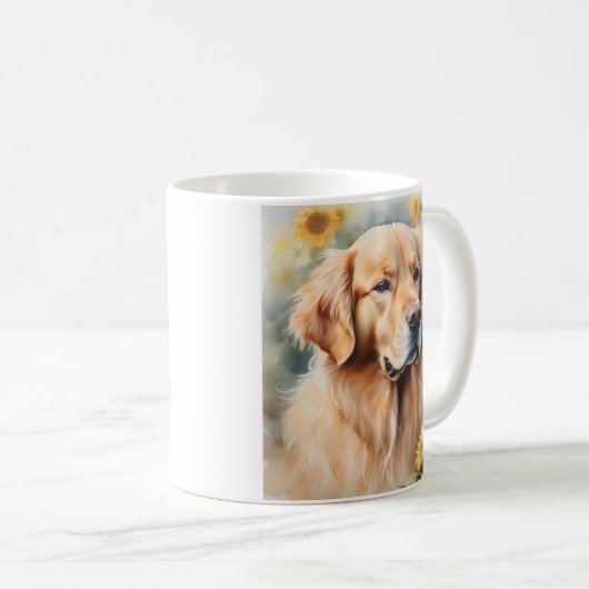 ウォーターカラー絵を描ズゴールデンレトリバーとヒマワリ コーヒーマグカップ (正面右)