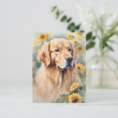 ウォーターカラー絵を描ズゴールデンレトリバーとヒマワリ ポストカード (スタンド正面)