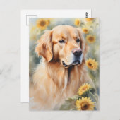 ウォーターカラー絵を描ズゴールデンレトリバーとヒマワリ ポストカード (正面/裏面)