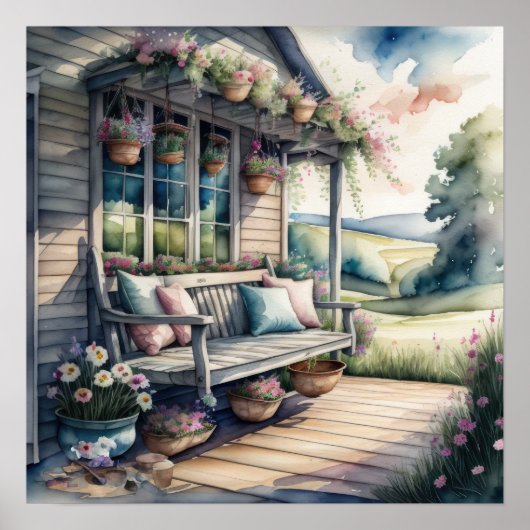 ウォーターカラー絵画ズオブコージーカントリーポーチ ポスター (正面)