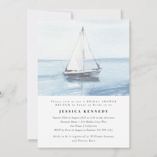 ウォーターカラー航海のセーリングブライダルシャワーブランチ 招待状 (正面)