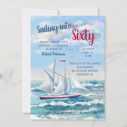 ウォーターカラー航海のセーリングヨットシックス誕生日 招待状 (正面)