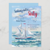 ウォーターカラー航海のセーリングヨットシックス誕生日 招待状 (正面/裏面)