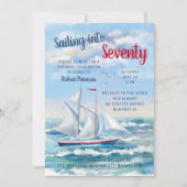 ウォーターカラー航海のセーリングヨットセブン誕生日 招待状 (正面)