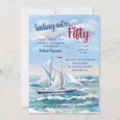 ウォーターカラー航海のセーリングヨットフィフティ誕生日 招待状 (正面)