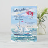 ウォーターカラー航海のセーリングヨットフィフティ誕生日 招待状 (スタンド正面)