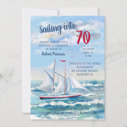 ウォーターカラー航海のセーリングヨット70誕生日 招待状 (正面)