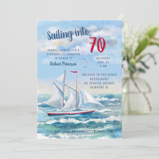 ウォーターカラー航海のセーリングヨット70誕生日 招待状 (スタンド正面)