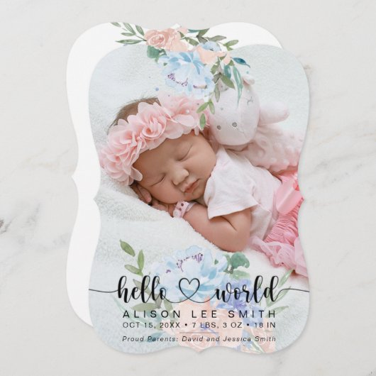 ウォーターカラー花束ハローワールドベビー発表 案内状 (正面/裏面)