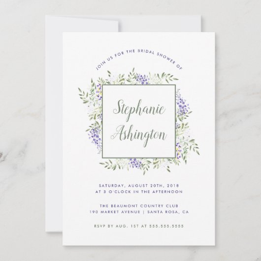 ウォーターカラー藤のフレームブライダルシャワー招待 招待状 (正面)