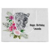 ウォーターカラー誕生日で美しいヒョウ頭 ラージペーパーバッグ (正面)