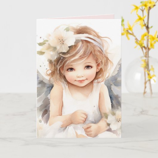 ウォーターカラー誕生日エンジェルガール カード (黄色い花)