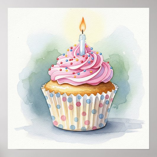 ウォーターカラー誕生日カップケーキプリント ポスター (正面)