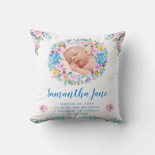 ウォーターカラー赤面&ブルーフラワーズベビーフォト クッション (正面)