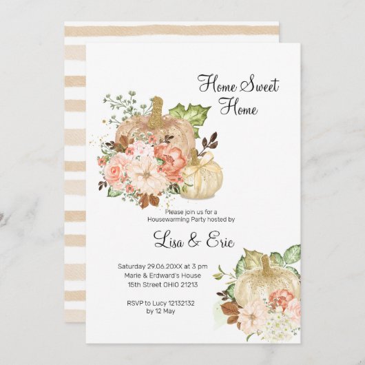 ウォーターカラー金ゴールドパンプキン引っ越し祝いパーティーパーティー招待状 招待状 (正面/裏面)