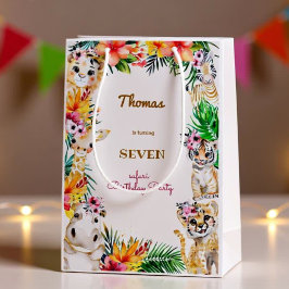 ウォーターカラー金ゴールドワイルドサファリ子供の誕生日 ミディアムペーパーバッグ