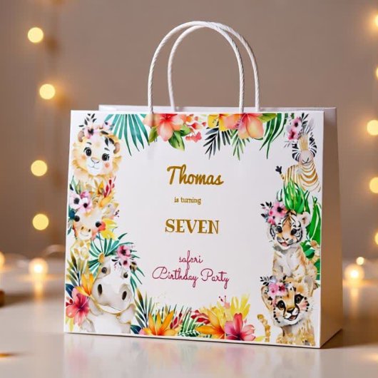ウォーターカラー金ゴールドワイルドサファリ子供の誕生日 ラージペーパーバッグ