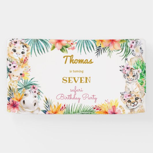 ウォーターカラー金ゴールドワイルドサファリ子供の誕生日 横断幕 (横)