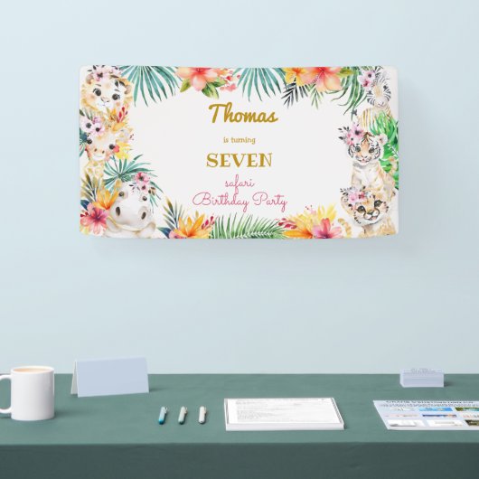 ウォーターカラー金ゴールドワイルドサファリ子供の誕生日 横断幕 (トレードショー)