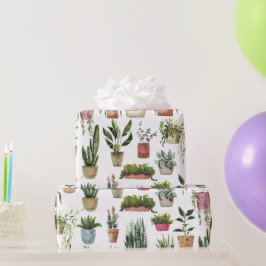 ウォーターカラー鉢植え植物パターンの包装紙 ラッピングペーパー