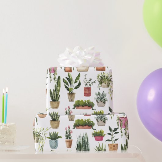 ウォーターカラー鉢植え植物パターンの包装紙 ラッピングペーパー (パーティーギフト)