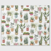 ウォーターカラー鉢植え植物パターンの包装紙 ラッピングペーパー (フラット)