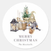 ウォーターカラー風の田舎のノーム クリスマス ラウンドシール (正面)