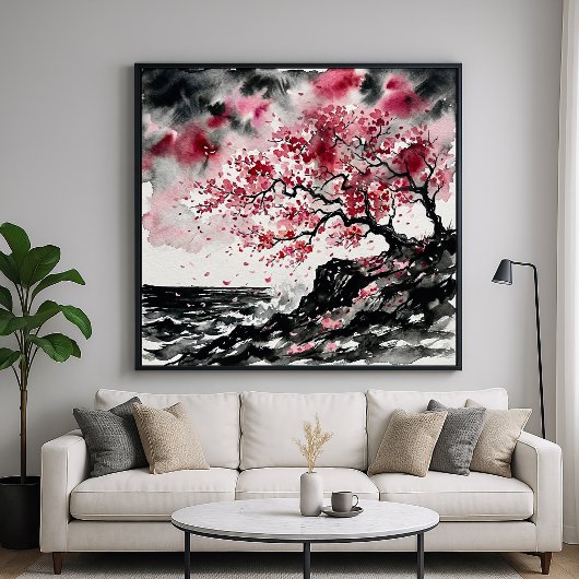 ウォーターカラー風桜 - 海岸の桜の花 ポスター