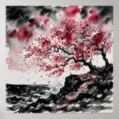ウォーターカラー風桜 - 海岸の桜の花 ポスター (正面)