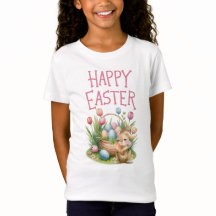 ウォーターカラー うさぎとチューリップ "Happy Easter" キッズTシャツ