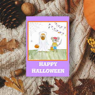 ウォーターカラー かわいいテディベア ハッピーハロウィン カード