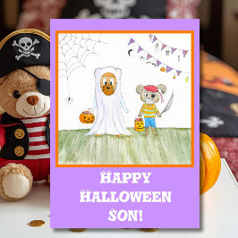 ウォーターカラー かわいいテディベア ハッピーハロウィン 息子 カード
