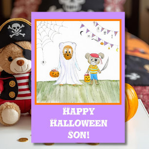 ウォーターカラー かわいいテディベア ハッピーハロウィン 息子 カード