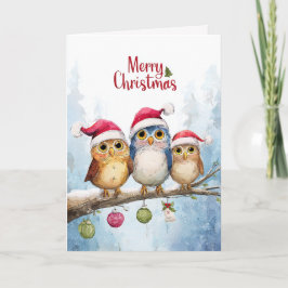 ウォーターカラー かわいいフクロウのホイッスルクリスマス折りたたみカード カード