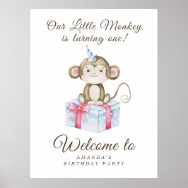 ウォーターカラー かわいいモンキー 1歳 誕生日パーティー ポスター