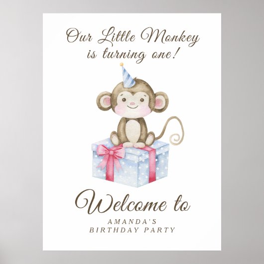 ウォーターカラー かわいいモンキー 1歳 誕生日パーティー  ポスター (正面)