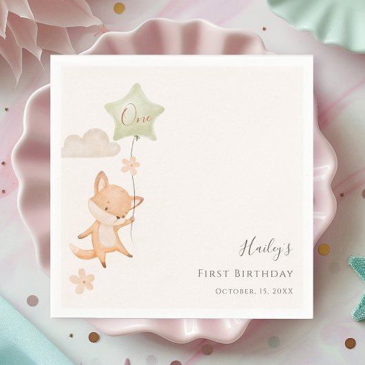 ウォーターカラー かわいい狐 風船 初誕生日 スタンダードカクテルナプキン