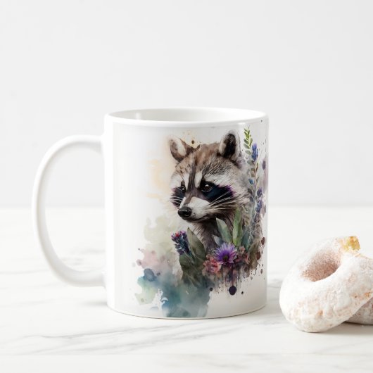 ウォーターカラー かわいい アライグマ 春の花 コーヒーマグカップ (ドーナツ)