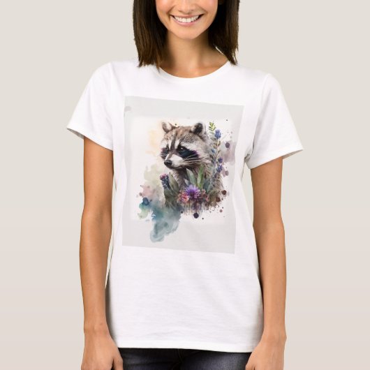 ウォーターカラー かわいい アライグマ 春の花 Tシャツ (正面)
