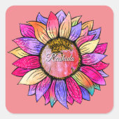 ウォーターカラー ひまわり サマー ピンク & パープル スクエアシール (正面)