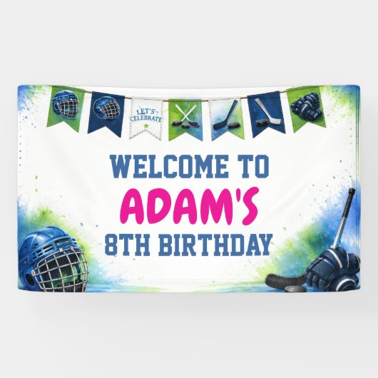 ウォーターカラー アイスホッケー 誕生日パーティーバナー 横断幕 (横)