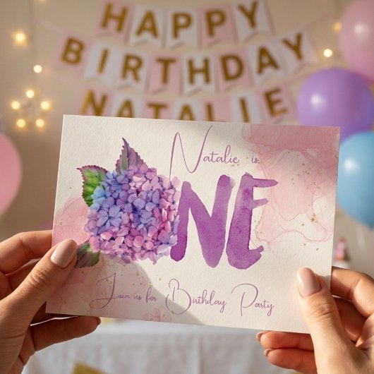 ウォーターカラー アジサイ 初めての誕生日 招待状