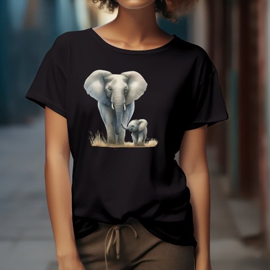 ウォーターカラー・アフリカゾウと赤ちゃん トライブレンドTシャツ