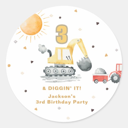 ウォーターカラー イエロー 建設 3歳の誕生日 ラウンドシール (正面)