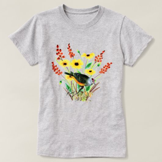 ウォーターカラー イエロー 花と鳥 グレー Tシャツ (デザイン正面)