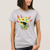 ウォーターカラー イエロー 花と鳥 グレー Tシャツ (正面)