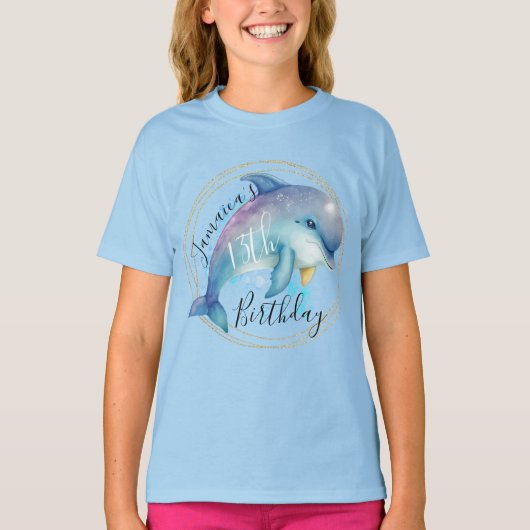 ウォーターカラー イルカ 海 誕生日パーティー Tシャツ (正面)