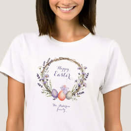 ウォーターカラー イースター ラベンダー リース エッグ かわいいウサギ Tシャツ